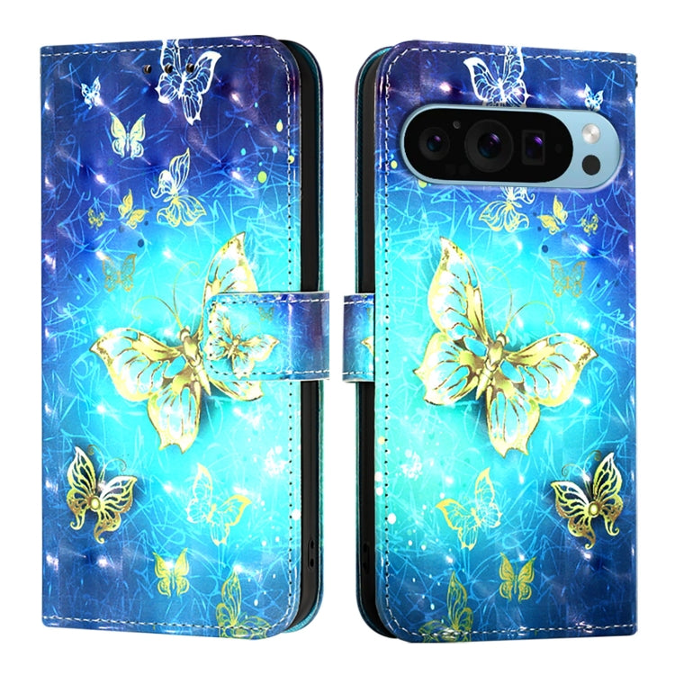 For Google Pixel 9 3D Painting Horizontal Flip Leather Phone Case(Golden Butterfly) - Google Cases by PMC TechLife | Online Shopping South Africa | PMC TechLife | Buy Now Pay Later Mobicred