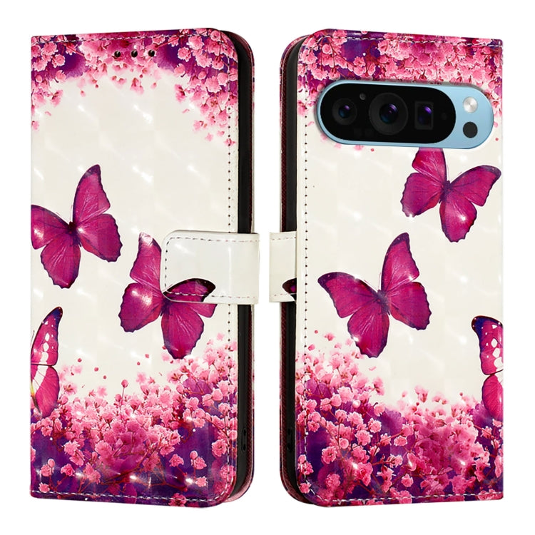For Google Pixel 9 3D Painting Horizontal Flip Leather Phone Case(Rose Butterfly) - Google Cases by PMC TechLife | Online Shopping South Africa | PMC TechLife | Buy Now Pay Later Mobicred