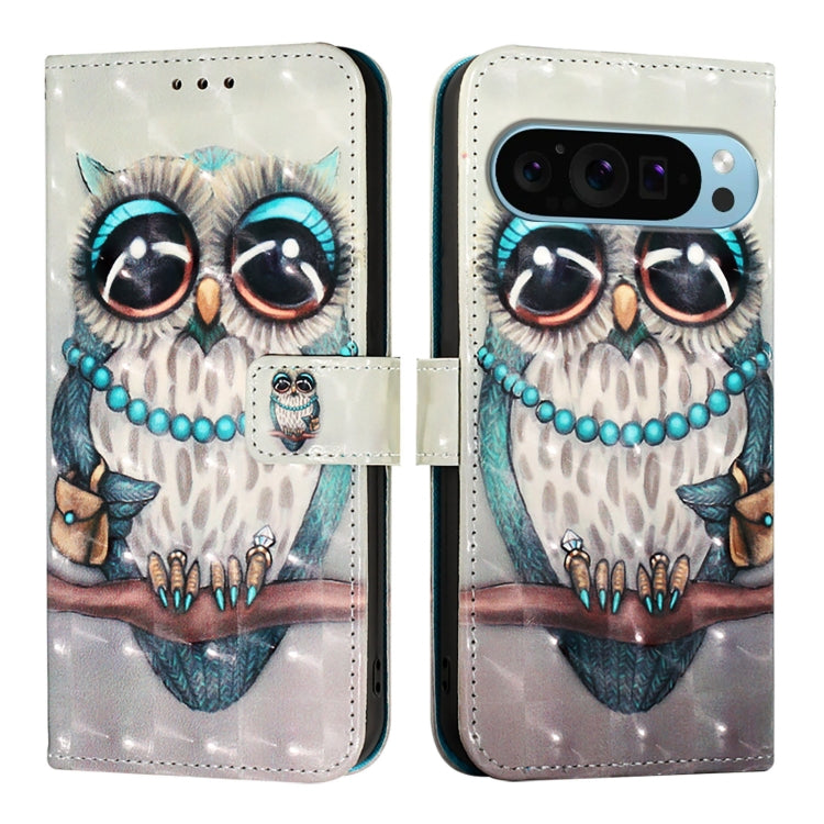 For Google Pixel 9 3D Painting Horizontal Flip Leather Phone Case(Grey Owl) - Google Cases by PMC TechLife | Online Shopping South Africa | PMC TechLife | Buy Now Pay Later Mobicred