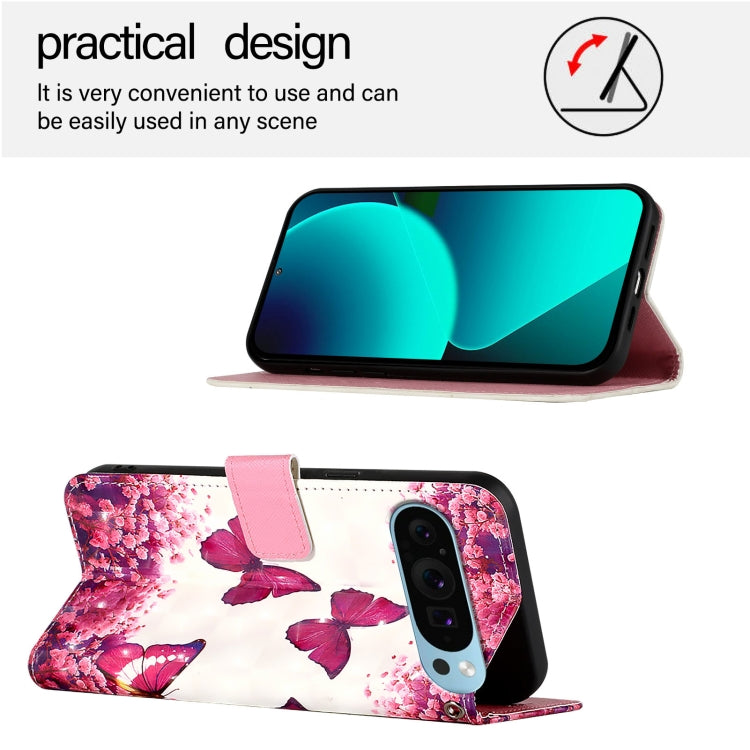 For Google Pixel 9 Pro XL 3D Painting Horizontal Flip Leather Phone Case(Rose Butterfly) - Google Cases by PMC TechLife | Online Shopping South Africa | PMC TechLife | Buy Now Pay Later Mobicred
