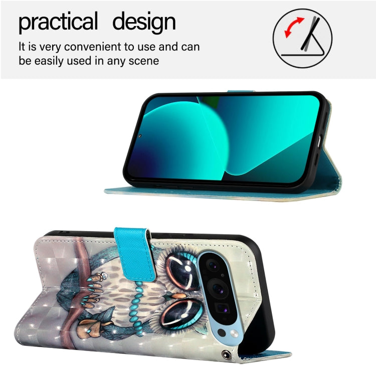 For Google Pixel 9 Pro XL 3D Painting Horizontal Flip Leather Phone Case(Grey Owl)