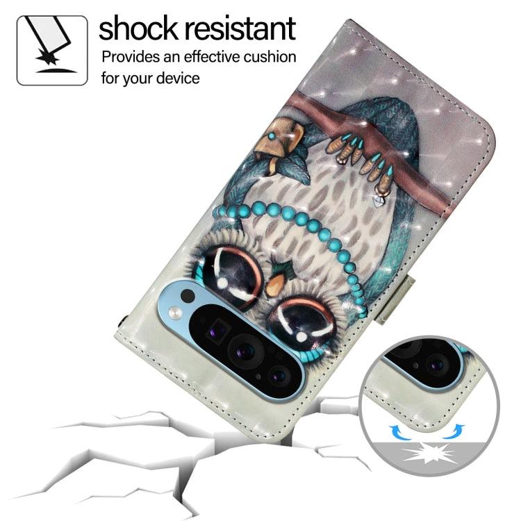 For Google Pixel 9 Pro XL 3D Painting Horizontal Flip Leather Phone Case(Grey Owl) - Google Cases by PMC TechLife | Online Shopping South Africa | PMC TechLife | Buy Now Pay Later Mobicred