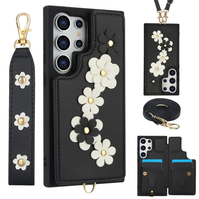 For Samsung Galaxy S25 Ultra 5G Crossbody Flower Pattern Leather Phone Case(Black)