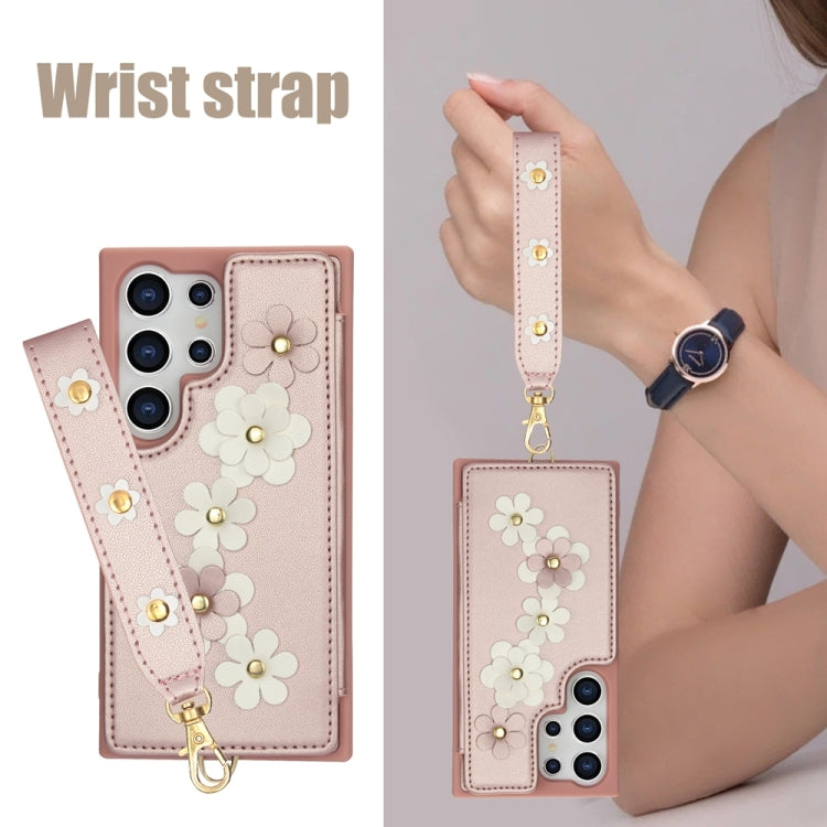 For Samsung Galaxy S25 Ultra 5G Crossbody Flower Pattern Leather Phone Case(Rose Gold) - free shipping - PMC Jewellery - Order now!
