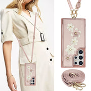 For Samsung Galaxy S25 Ultra 5G Crossbody Flower Pattern Leather Phone Case(Rose Gold)