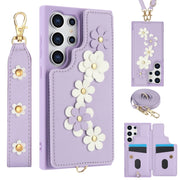 For Samsung Galaxy S25 Ultra 5G Crossbody Flower Pattern Leather Phone Case(Purple)