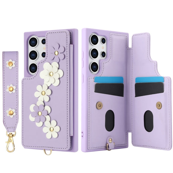 For Samsung Galaxy S25 Ultra 5G Crossbody Flower Pattern Leather Phone Case(Purple)