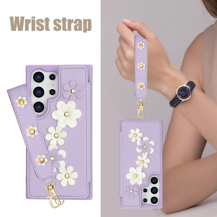 For Samsung Galaxy S25 Ultra 5G Crossbody Flower Pattern Leather Phone Case(Purple)
