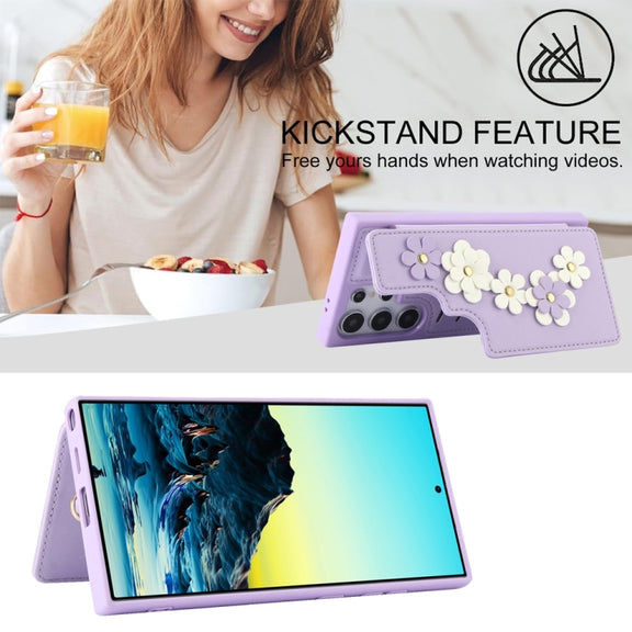 For Samsung Galaxy S25 Ultra 5G Crossbody Flower Pattern Leather Phone Case(Purple)