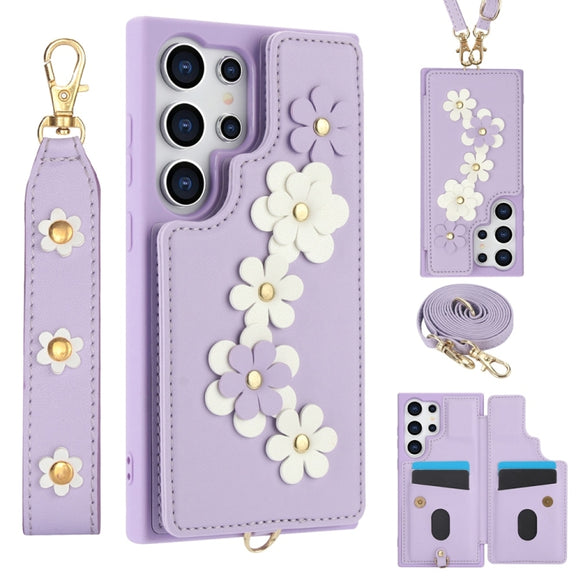 For Samsung Galaxy S25 Ultra 5G Crossbody Flower Pattern Leather Phone Case(Purple)