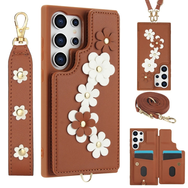For Samsung Galaxy S25 Ultra 5G Crossbody Flower Pattern Leather Phone Case(Brown)