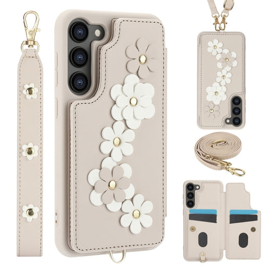 For Samsung Galaxy S25+ 5G Crossbody Flower Pattern Leather Phone Case(White) - free shipping - PMC Jewellery - Order now!