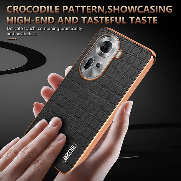 For OPPO Reno11 Global AZNS Electroplated Frame Crocodile Texture Full Coverage Phone Case(Black)