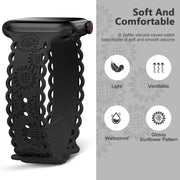 For Apple Watch SE 2023 44mm Lace Sunflower Embossed Silicone Watch Band(Black)