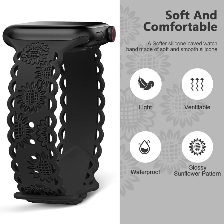 For Apple Watch SE 2023 44mm Lace Sunflower Embossed Silicone Watch Band(Black)