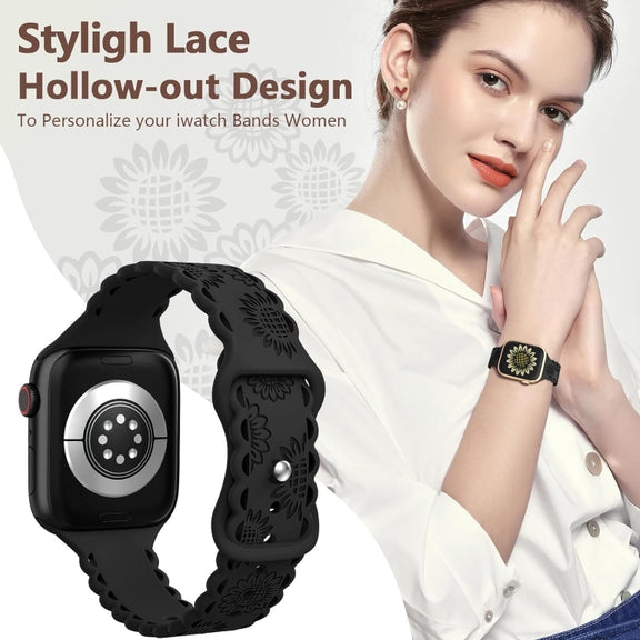 For Apple Watch SE 2023 44mm Lace Sunflower Embossed Silicone Watch Band(Black)