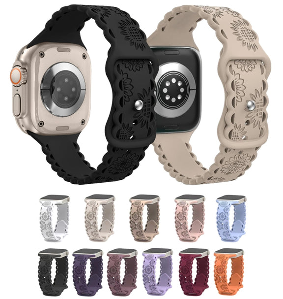 For Apple Watch SE 2023 44mm Lace Sunflower Embossed Silicone Watch Band(Black)