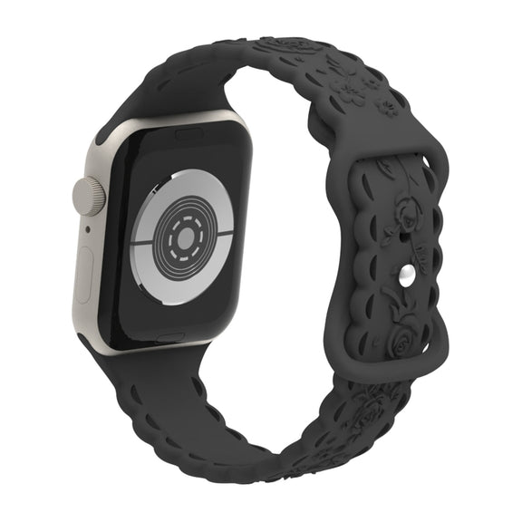 For Apple Watch SE 2023 44mm Lace 3D Rose Embossed Silicone Watch Band(Black)