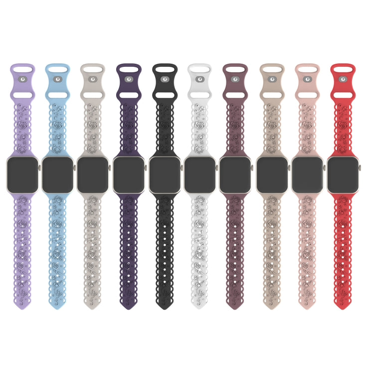 For Apple Watch SE 2023 44mm Lace 3D Rose Embossed Silicone Watch Band(Black)