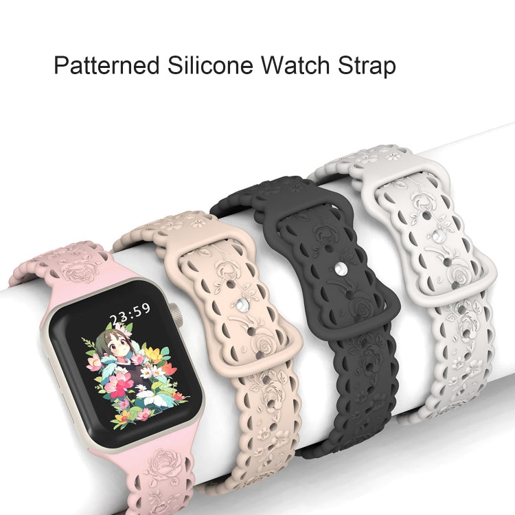 For Apple Watch SE 2023 44mm Lace 3D Rose Embossed Silicone Watch Band(Black)