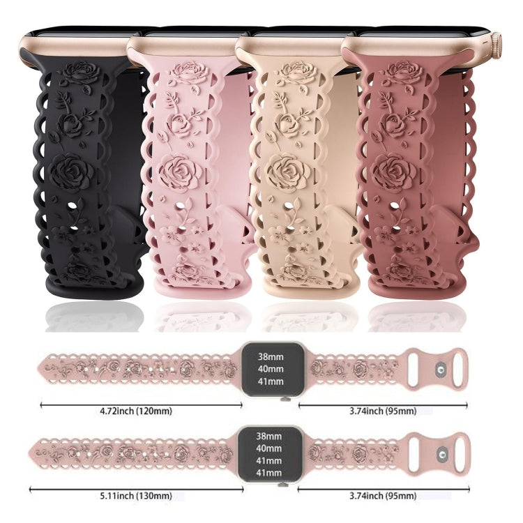 For Apple Watch SE 2023 44mm Lace 3D Rose Embossed Silicone Watch Band(Black)
