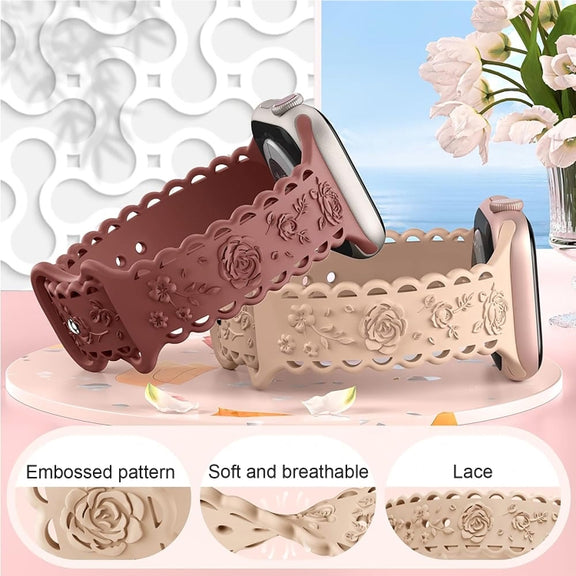 For Apple Watch SE 2023 44mm Lace 3D Rose Embossed Silicone Watch Band(Black)