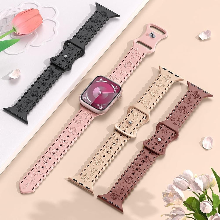 For Apple Watch SE 2023 44mm Lace 3D Rose Embossed Silicone Watch Band(Black)