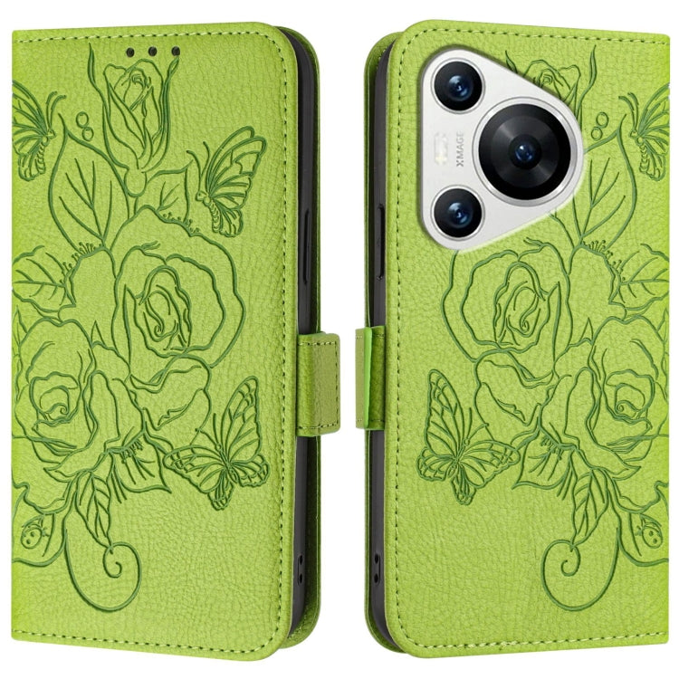 For Huawei Pura 70 Embossed Rose RFID Anti-theft Leather Phone Case(Green) - Huawei Cases by PMC Jewellery | Online Shopping South Africa | PMC Jewellery | Buy Now Pay Later Mobicred