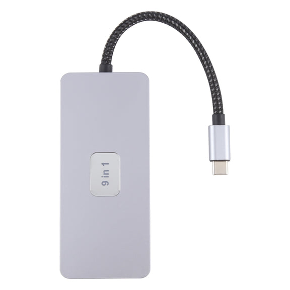 BYL-2318 9 in 1 USB-C / Type-C to USB3.0+Type-C+1000M Ethernet+HDTV+SD / TF Dual Card Slot Docking Station(Grey)