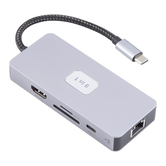 BYL-2318 9 in 1 USB-C / Type-C to USB3.0+Type-C+1000M Ethernet+HDTV+SD / TF Dual Card Slot Docking Station(Grey)