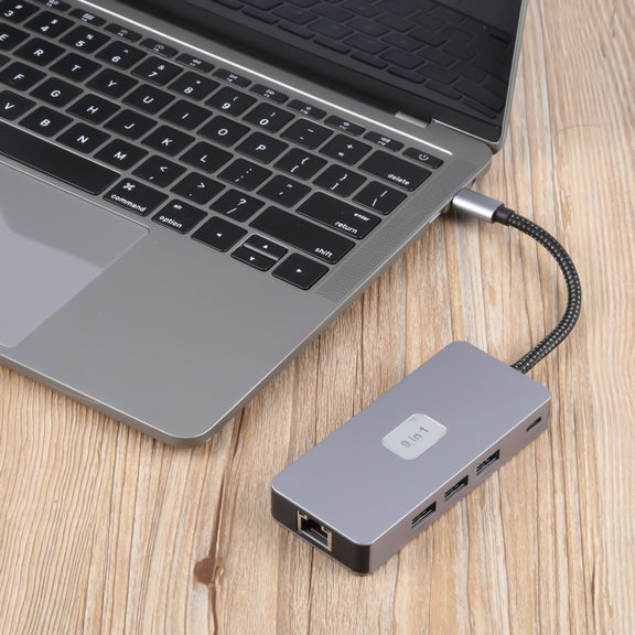 BYL-2318 9 in 1 USB-C / Type-C to USB3.0+Type-C+1000M Ethernet+HDTV+SD / TF Dual Card Slot Docking Station(Grey)