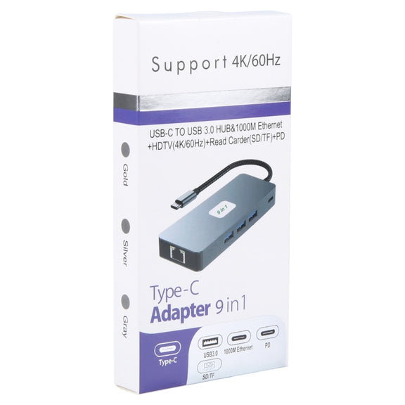 BYL-2318 9 in 1 USB-C / Type-C to USB3.0+Type-C+1000M Ethernet+HDTV+SD / TF Dual Card Slot Docking Station(Grey)