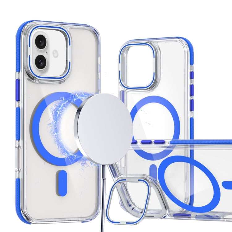 For iPhone 16 Plus Dual-Color Clear Acrylic Hybrid TPU Lens Flip Holder MagSafe Phone Case(Blue) - free shipping - PMC TechLife - Order now!
