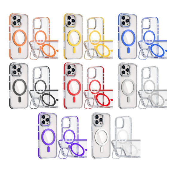 For iPhone 16 Dual-Color Clear Acrylic Hybrid TPU Lens Flip Holder MagSafe Phone Case(Blue)