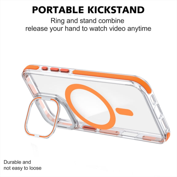 For iPhone 16 Dual-Color Clear Acrylic Hybrid TPU Lens Flip Holder MagSafe Phone Case(Blue)