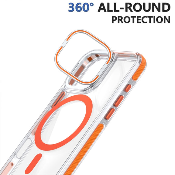 For iPhone 16 Plus Dual-Color Clear Acrylic Hybrid TPU Lens Flip Holder MagSafe Phone Case(Blue)