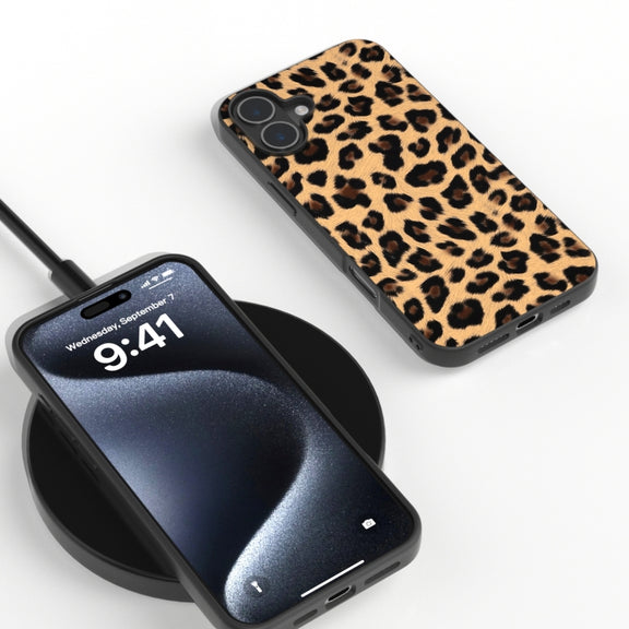 For iPhone 16 Plus Black Frame Leopard Phone Case(Leopard Print)