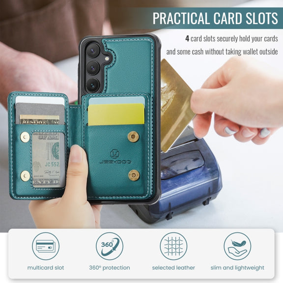 For Samsung Galaxy S24+ 5G JEEHOOD J05 Business Magnetic Style RFID Leather Phone Case(Blue Green)