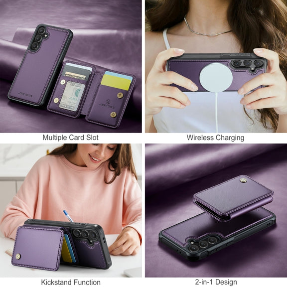 For Samsung Galaxy S24 FE 5G JEEHOOD J05 Business Magnetic Style RFID Leather Phone Case(Purple)