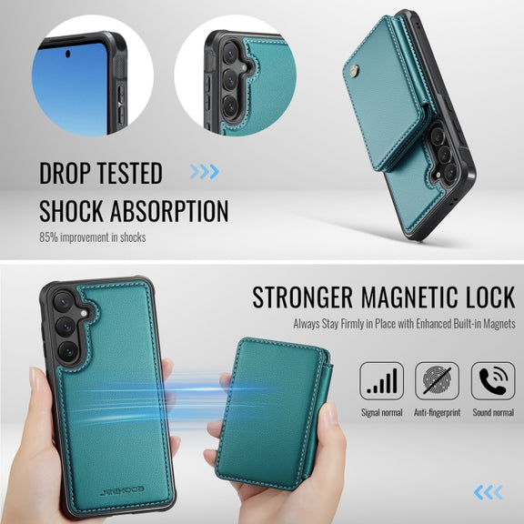 For Samsung Galaxy S24 FE 5G JEEHOOD J05 Business Magnetic Style RFID Leather Phone Case(Blue Green)