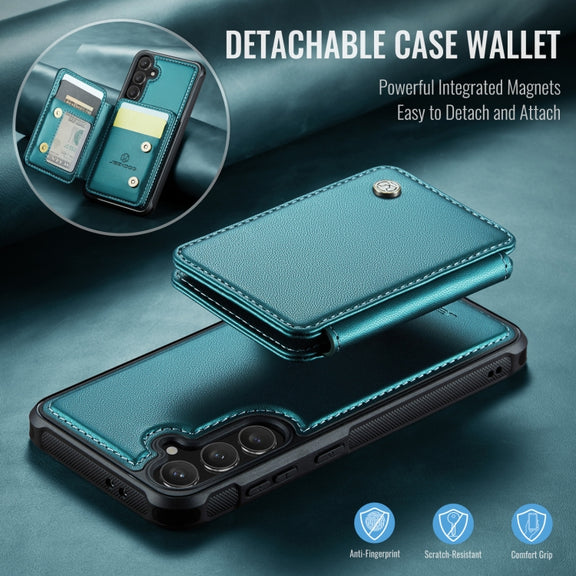 For Samsung Galaxy S24 FE 5G JEEHOOD J05 Business Magnetic Style RFID Leather Phone Case(Blue Green)
