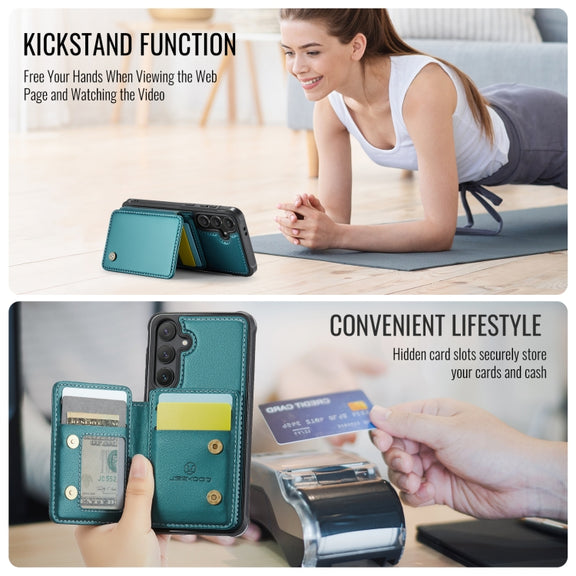 For Samsung Galaxy S24 FE 5G JEEHOOD J05 Business Magnetic Style RFID Leather Phone Case(Blue Green)