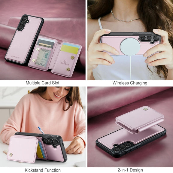 For Samsung Galaxy S24 FE 5G JEEHOOD J05 Business Magnetic Style RFID Leather Phone Case(Pink)