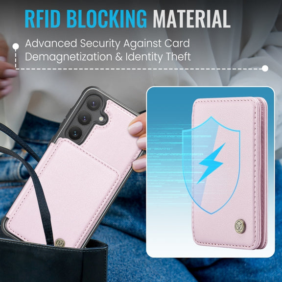 For Samsung Galaxy S24 FE 5G JEEHOOD J05 Business Magnetic Style RFID Leather Phone Case(Pink)