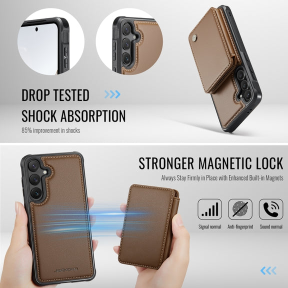For Samsung Galaxy S24 FE 5G JEEHOOD J05 Business Magnetic Style RFID Leather Phone Case(Brown)