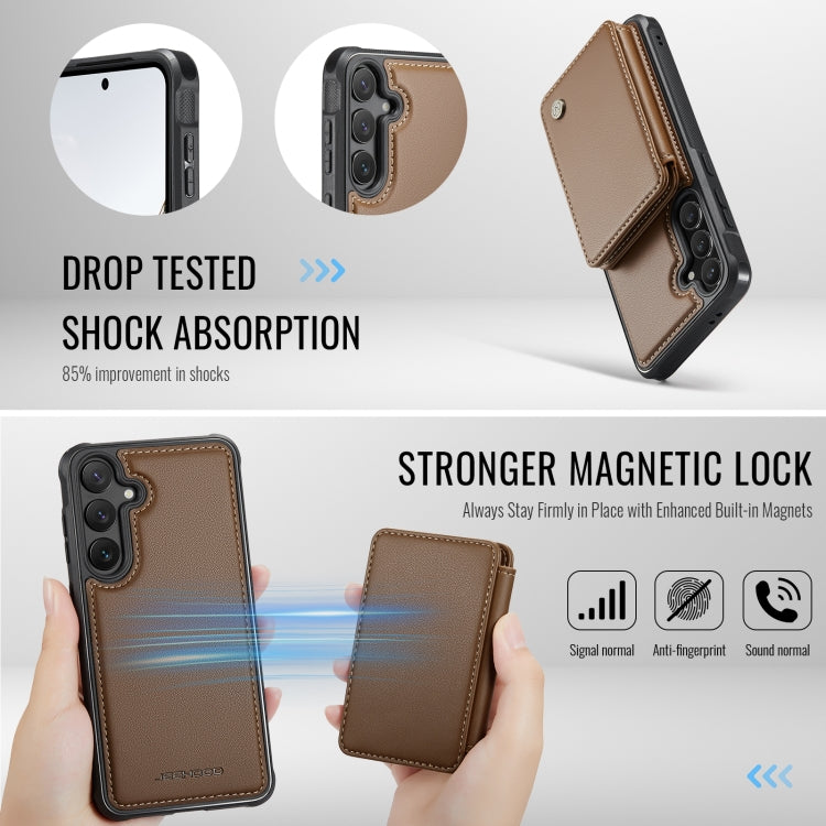 For Samsung Galaxy S24 FE 5G JEEHOOD J05 Business Magnetic Style RFID Leather Phone Case(Brown)
