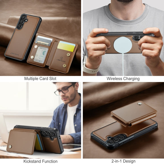 For Samsung Galaxy S24 FE 5G JEEHOOD J05 Business Magnetic Style RFID Leather Phone Case(Brown)