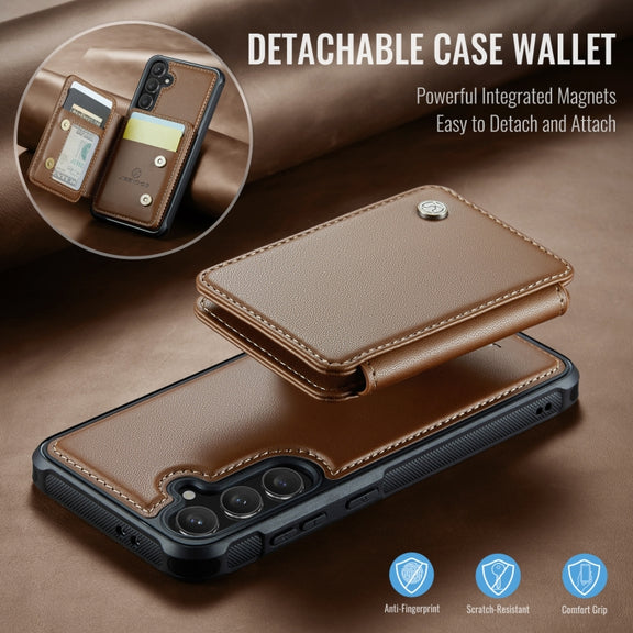 For Samsung Galaxy S24 FE 5G JEEHOOD J05 Business Magnetic Style RFID Leather Phone Case(Brown)
