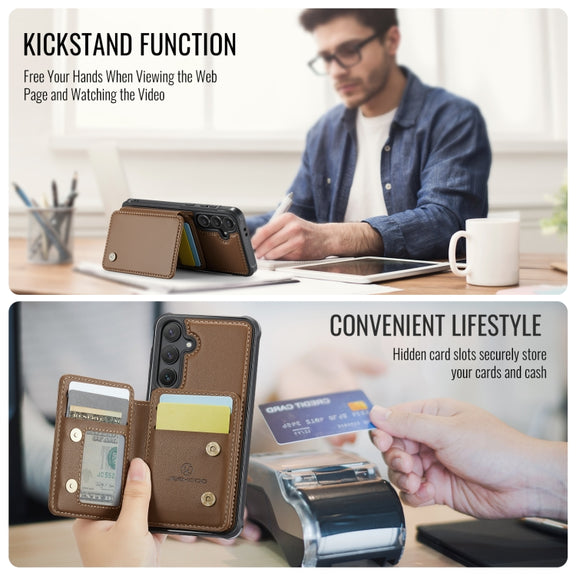 For Samsung Galaxy S24 FE 5G JEEHOOD J05 Business Magnetic Style RFID Leather Phone Case(Brown)
