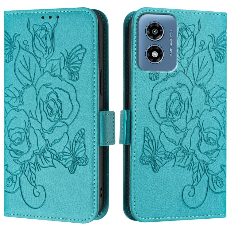 For Motorola Moto G Play 4G 2024 Embossed Rose RFID Anti-theft Leather Phone Case(Light Blue)